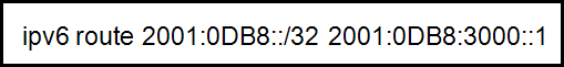 The figure shows the following command: ipv6 route 2001:0DB8::/32 2001:0DB8:3000::1