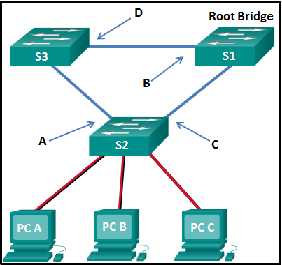 The graphic shows the following information: Switch S1 (the root bridge) uses a port that is labeled B to connect to switch S3 on a port labeled D. S3 is connected to switch S2 on a port labeled A. S2 uses a port labeled C to connect to S1. S2 is connected also to three PC workstations labeled A, B, and C.